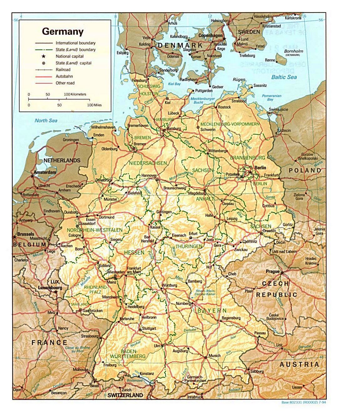 Mapa político y administrativo detallado de Alemania con alivio, las carreteras y las principales ciudades - 1994