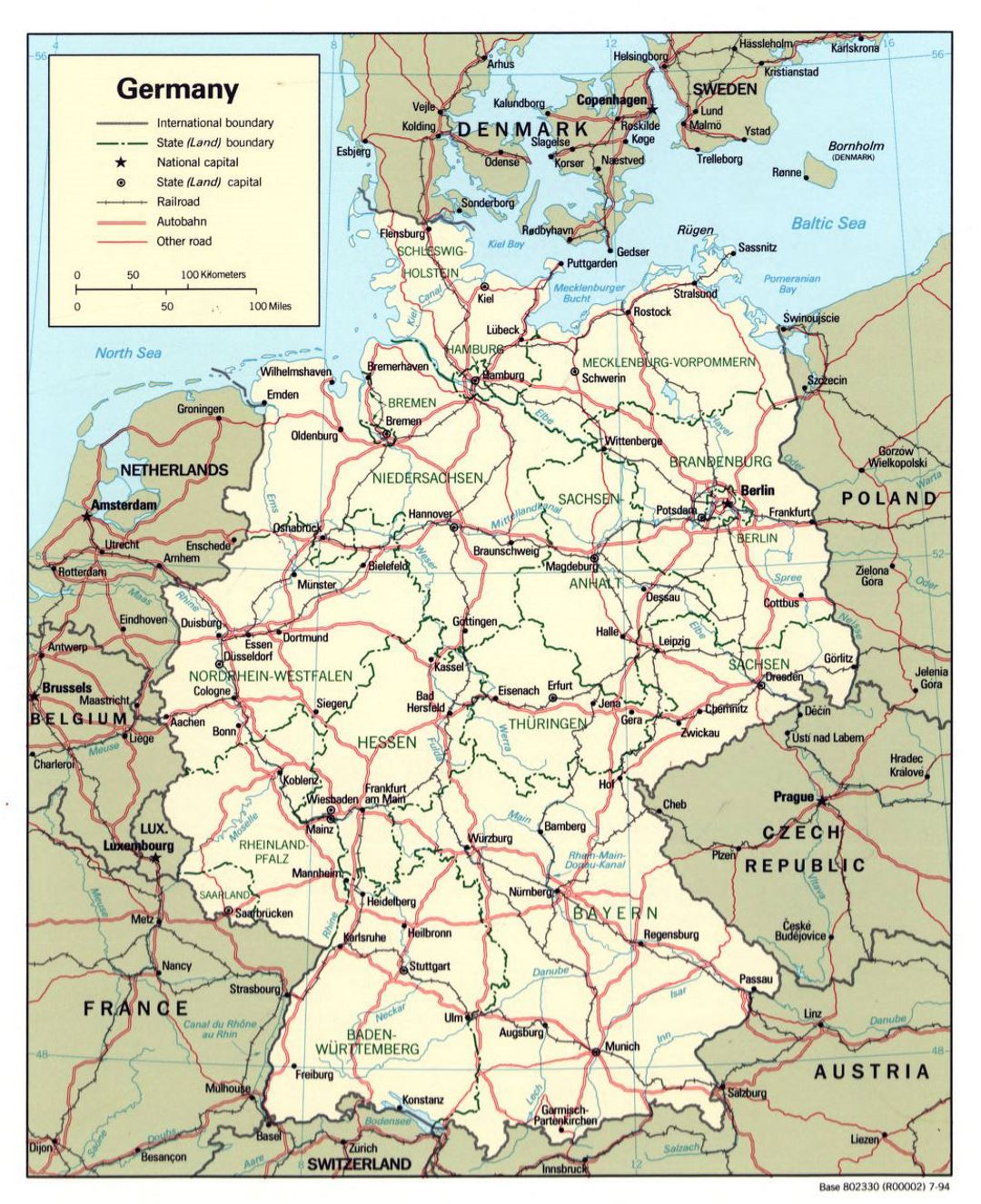 Mapa político y administrativo detallado de Alemania con las carreteras y las principales ciudades - 1994