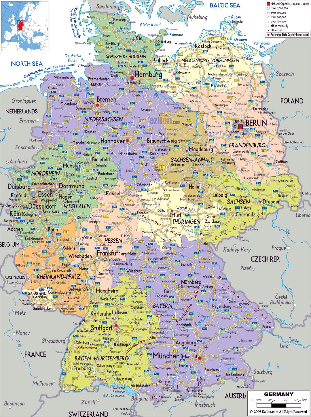 Mapa político y administrativo grande de Alemania, con carreteras, ciudades y aeropuertos