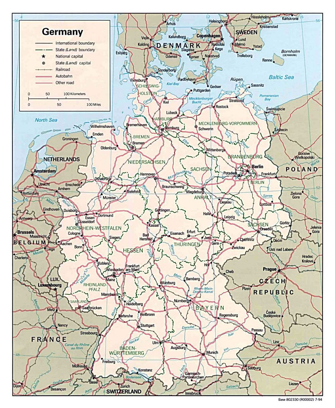 Mapa político y administrativo grande de Alemania, con carreteras y las principales ciudades - 1994