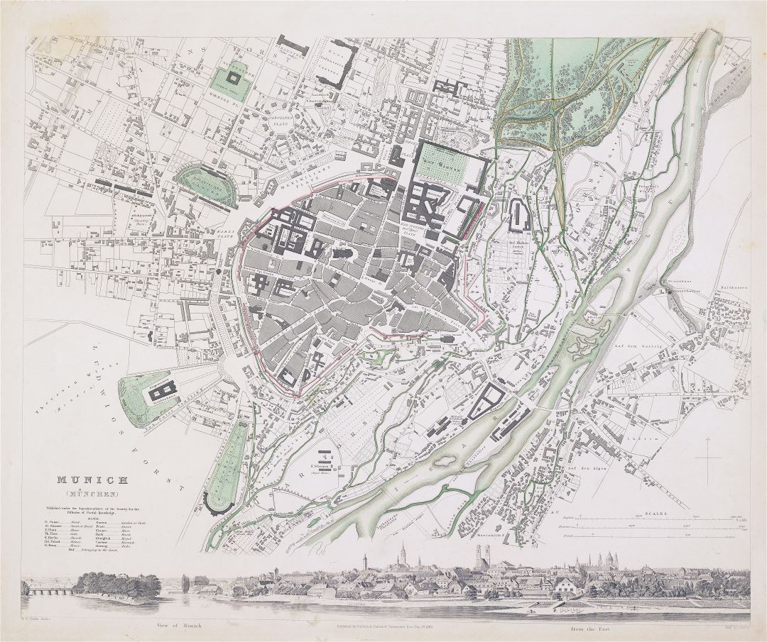 Gran escala viejo mapa de la ciudad de Múnich - 1832