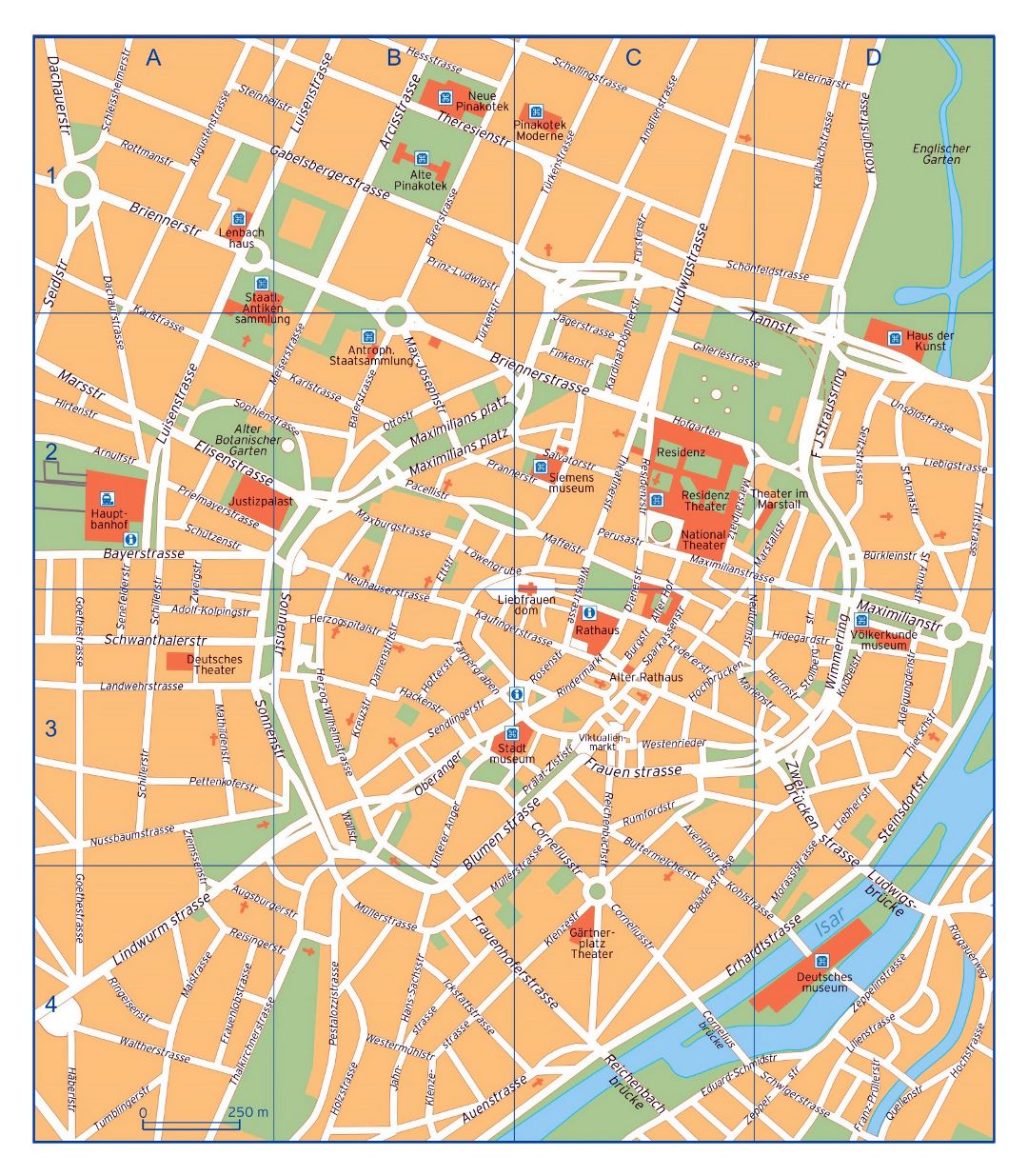 Gran mapa detallado de la parte central de la ciudad de Múnich con nombres de calles
