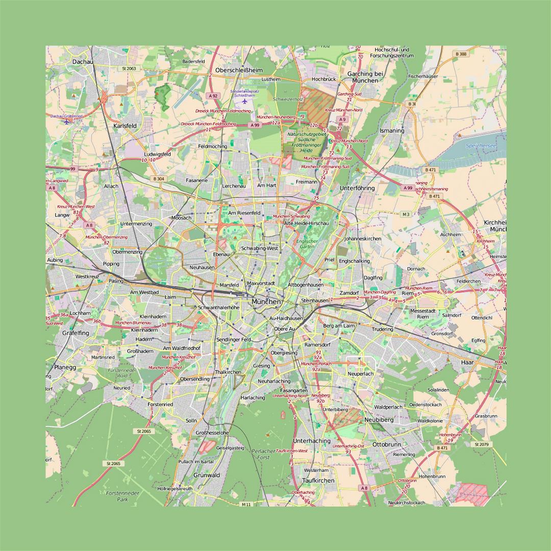 Mapa detallado de la ciudad de Múnich y sus alrededores