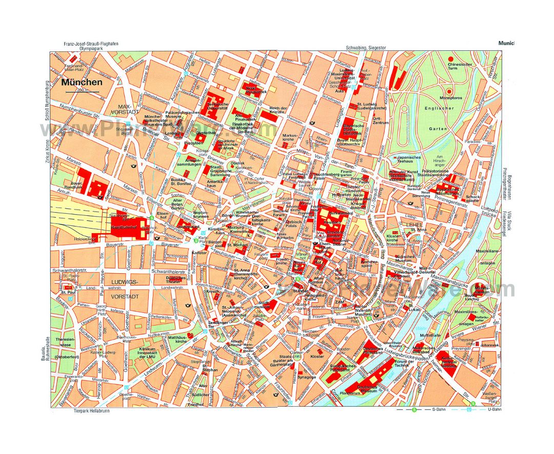 Mapa detallado de la parte central de la ciudad de Múnich con nombres de calles