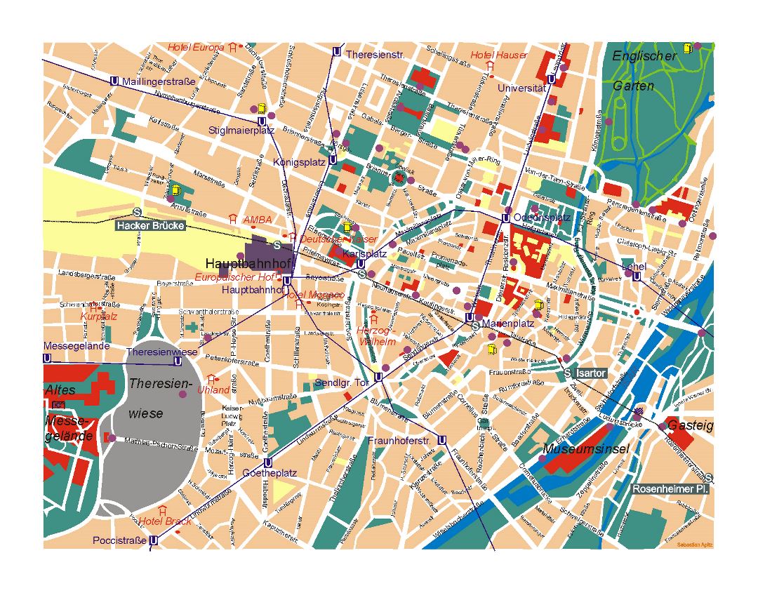 Mapa detallado de la parte central de la ciudad de Múnich
