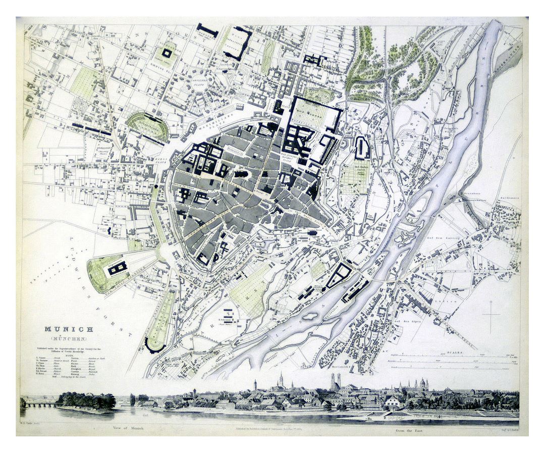 Mapa grande antiguo de Múnich - 1844