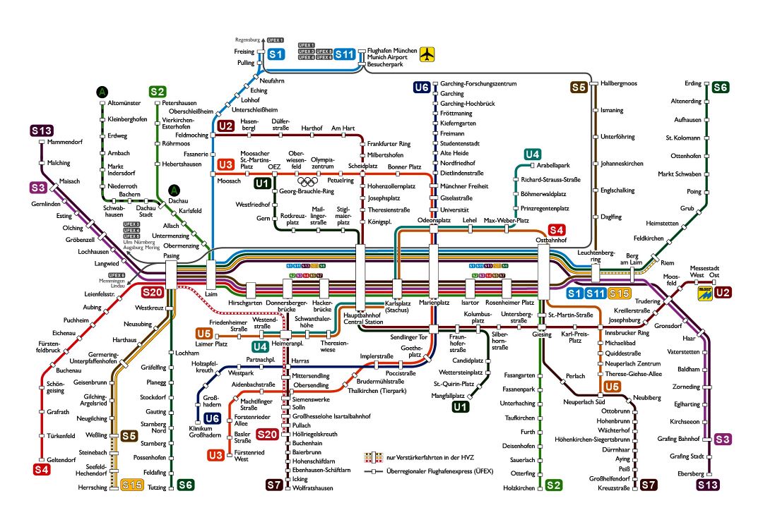 Mapa grande de metro detallado de Múnich