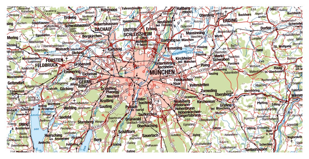 Mapa grande del área de la ciudad de Munich con las carreteras