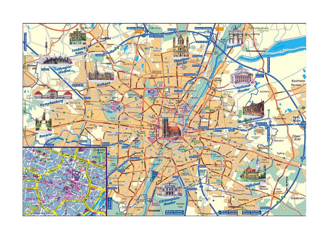 Mapa turístico detallada de la ciudad de Múnich