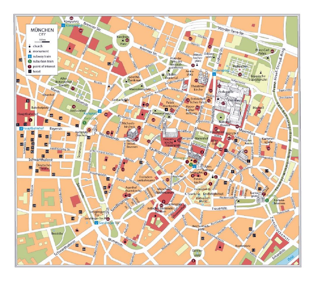 Mapa turístico detallada del centro de la ciudad de Múnich
