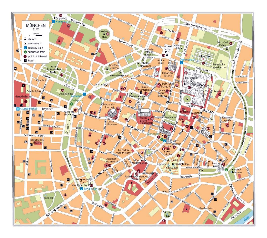 Mapa turístico detallada del centro de la ciudad de Múnich Múnich