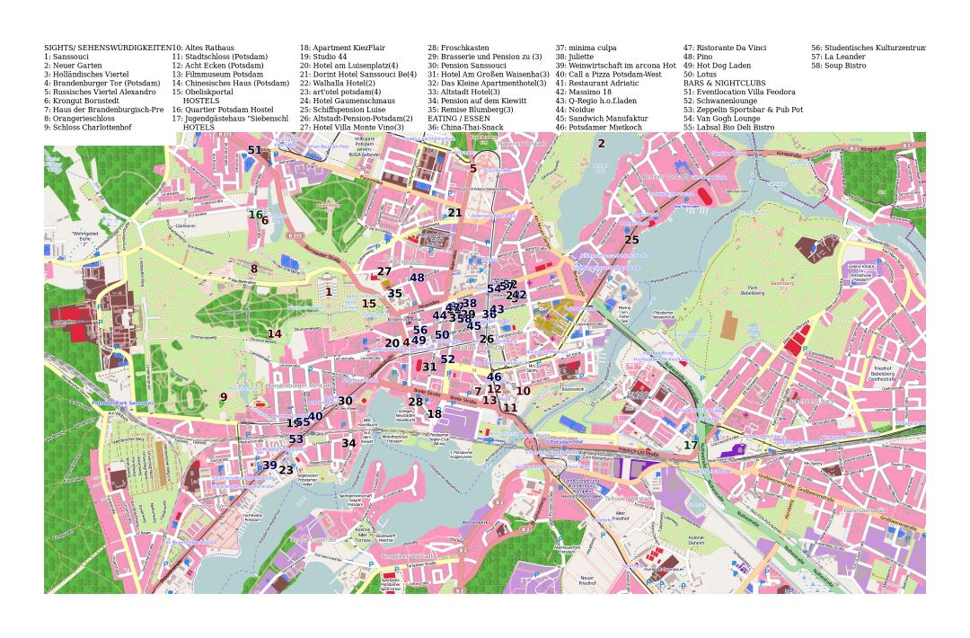 Gran detalle las atracciones turísticas mapa de Potsdam