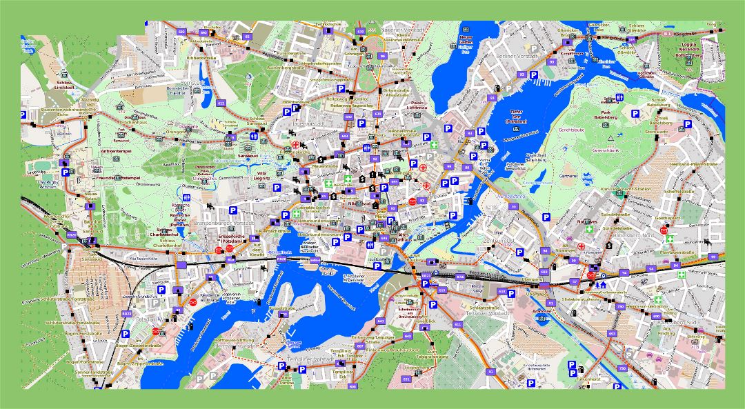 Gran mapa detallado de Potsdam con otras marcas