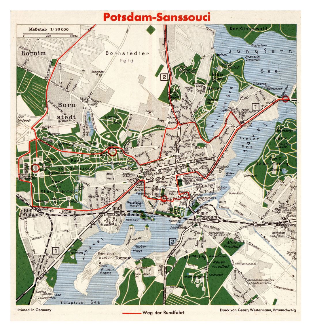 Gran mapa detallado de Potsdam-Sanssouci con otras marcas