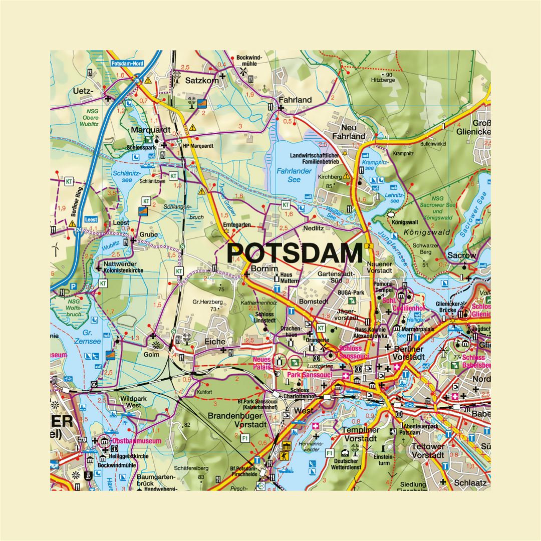 Mapa detallado de Potsdam y su entorno