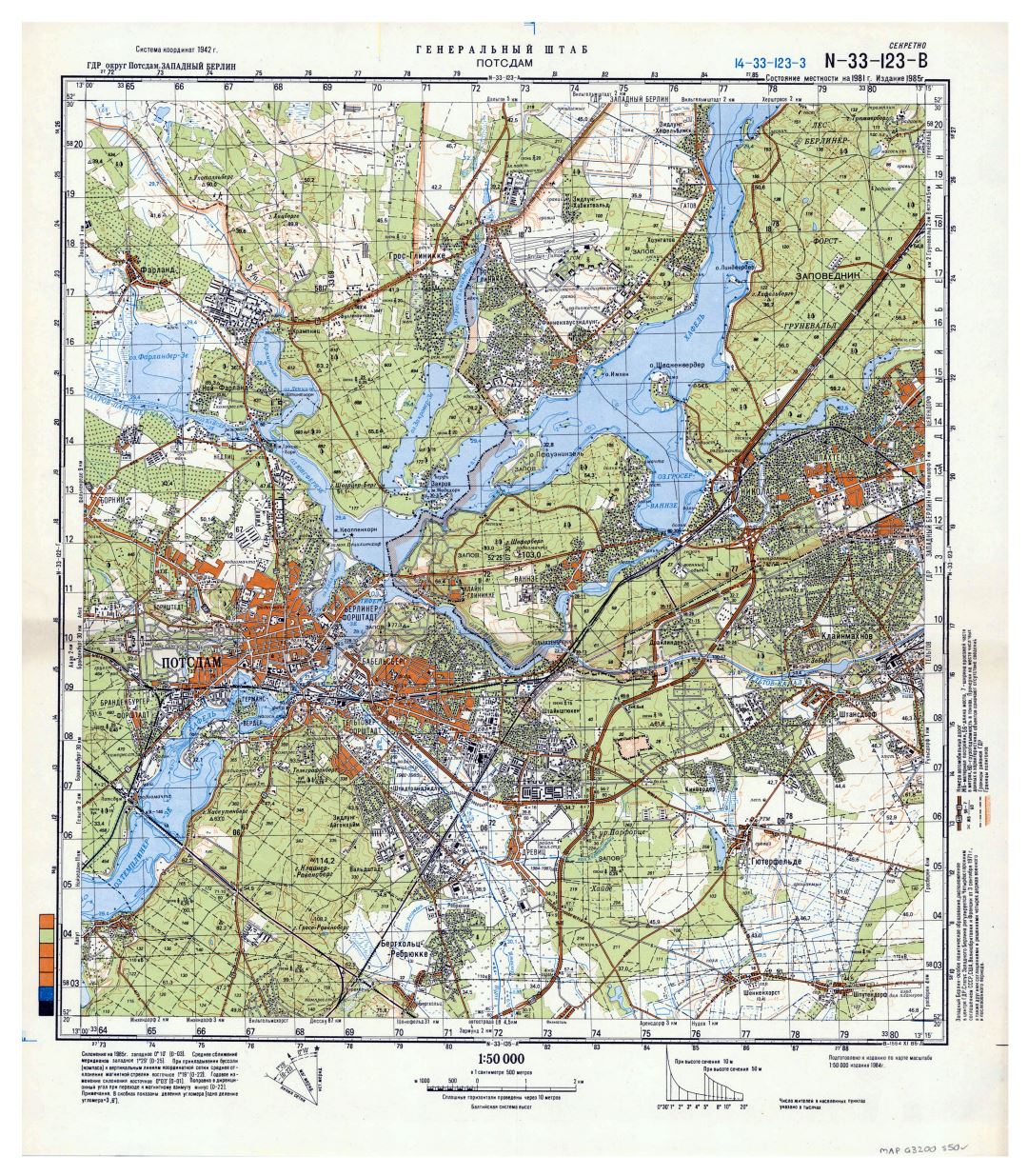Mapa grande escala topográfica de Potsdam y sus alrededores en ruso - 1:50.000