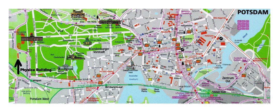 Mapa turístico detallada de la parte central de la ciudad de Potsdam