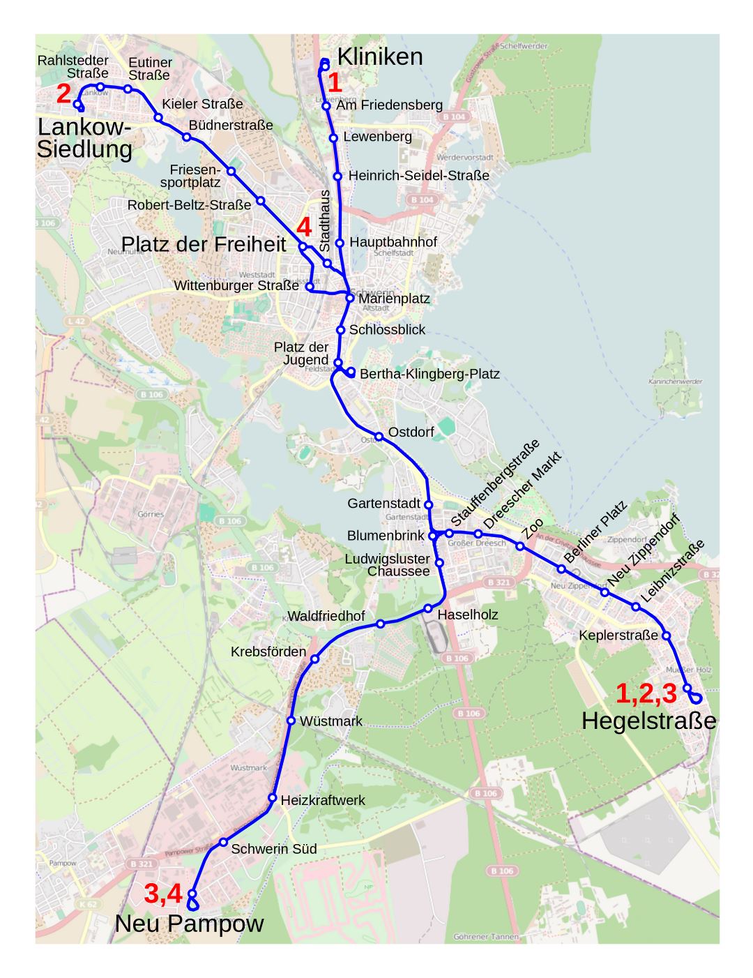 Mapa grande tranvía detallada de la ciudad de Schwerin