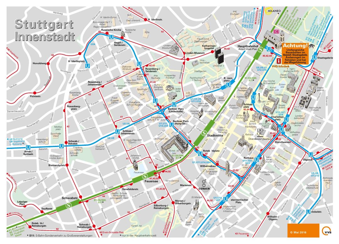 Gran mapa detallado de la parte central de la ciudad de Stuttgart