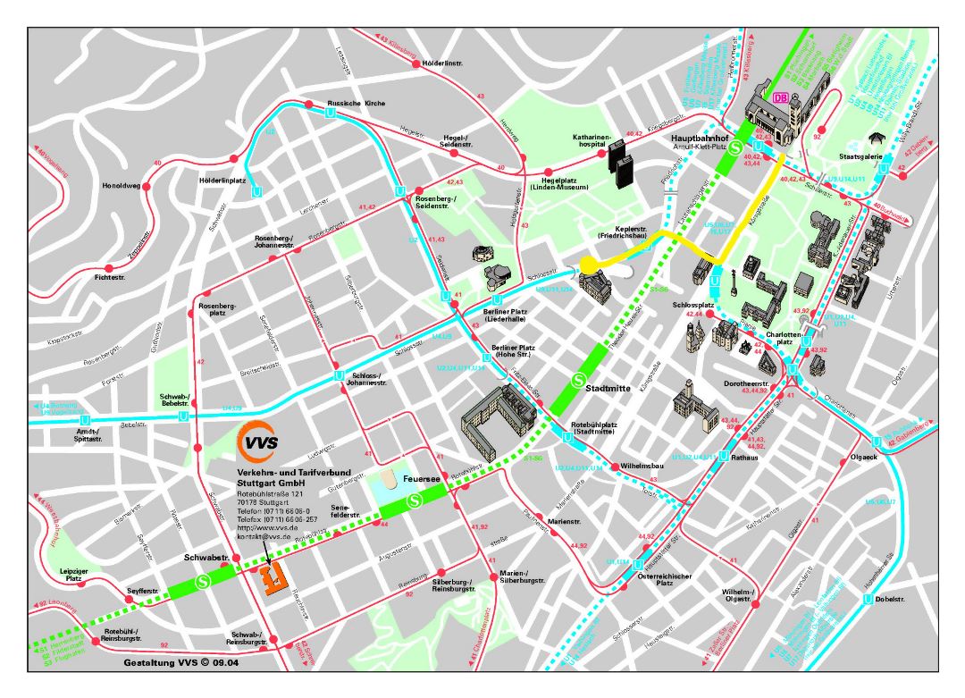 Mapa de calles detalladas de la parte central de la ciudad de Stuttgart