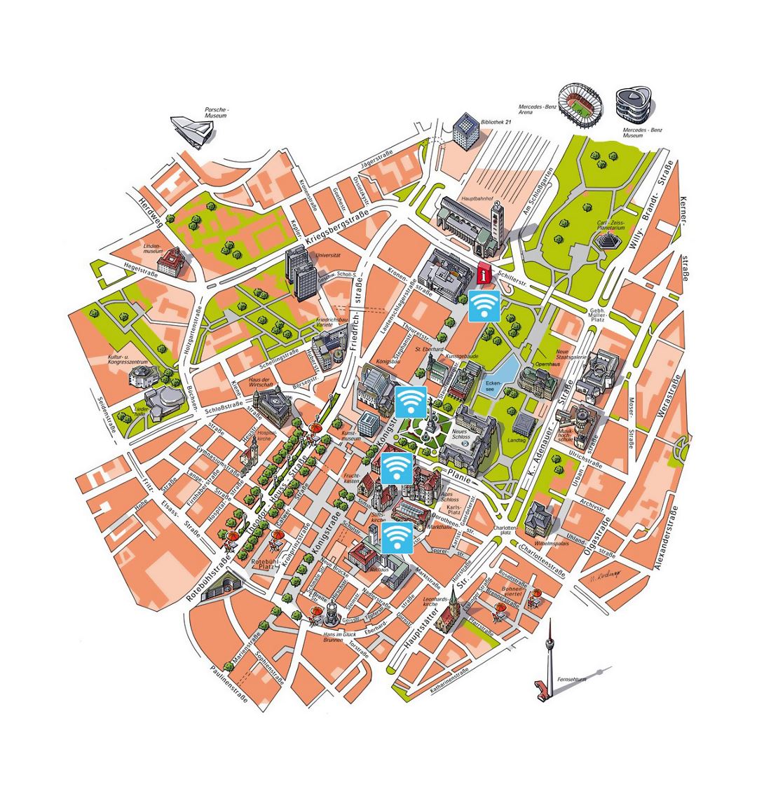 Mapa de conexión Wi-Fi gratuita detallada de la parte central de la ciudad de Stuttgart