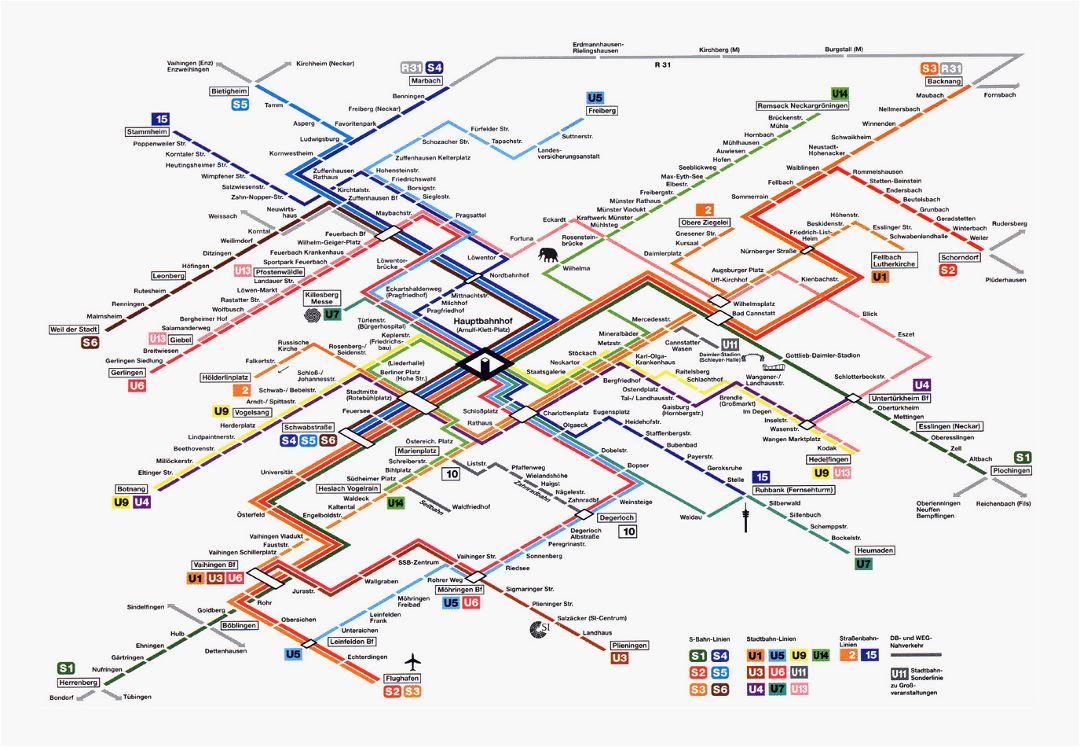 Metro detallada y mapa de ferrocarriles de la ciudad de Stuttgart