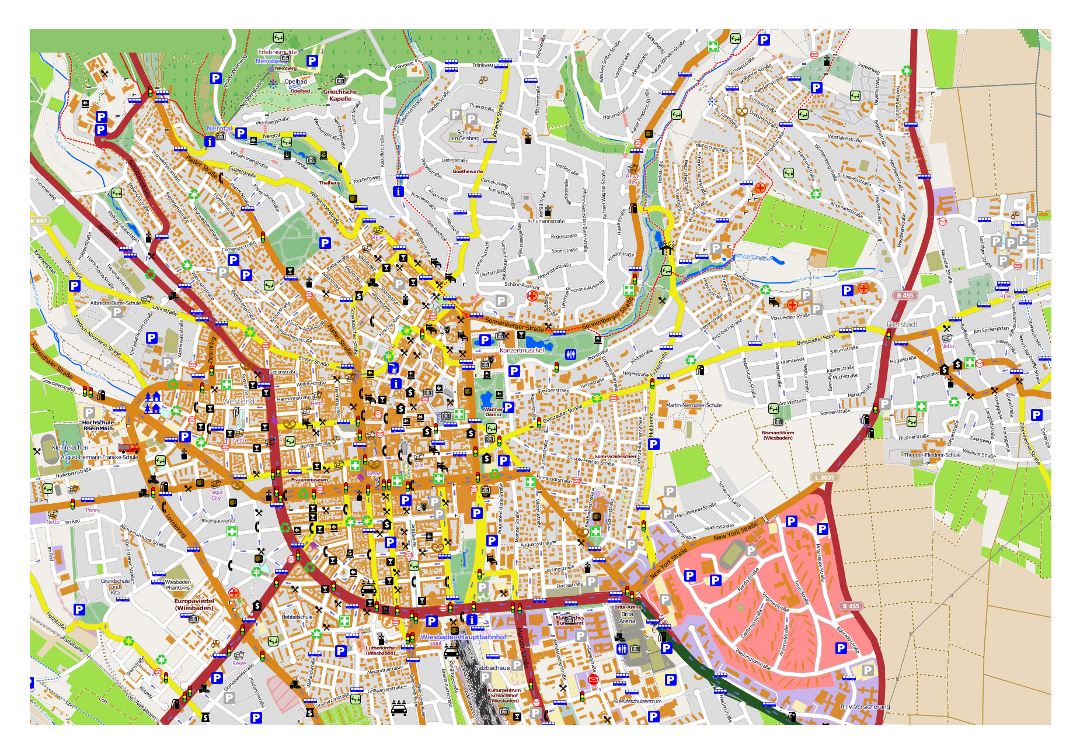 Gran mapa detallado de la ciudad de Wiesbaden con otras marcas