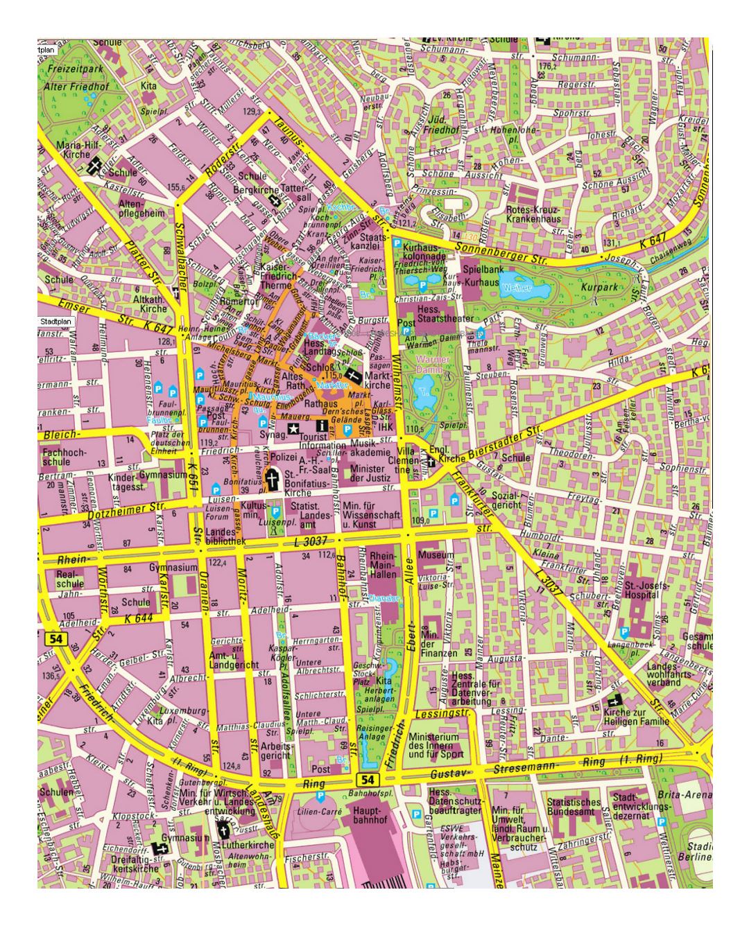 Mapa de calle detallada de la parte central de Wiesbaden