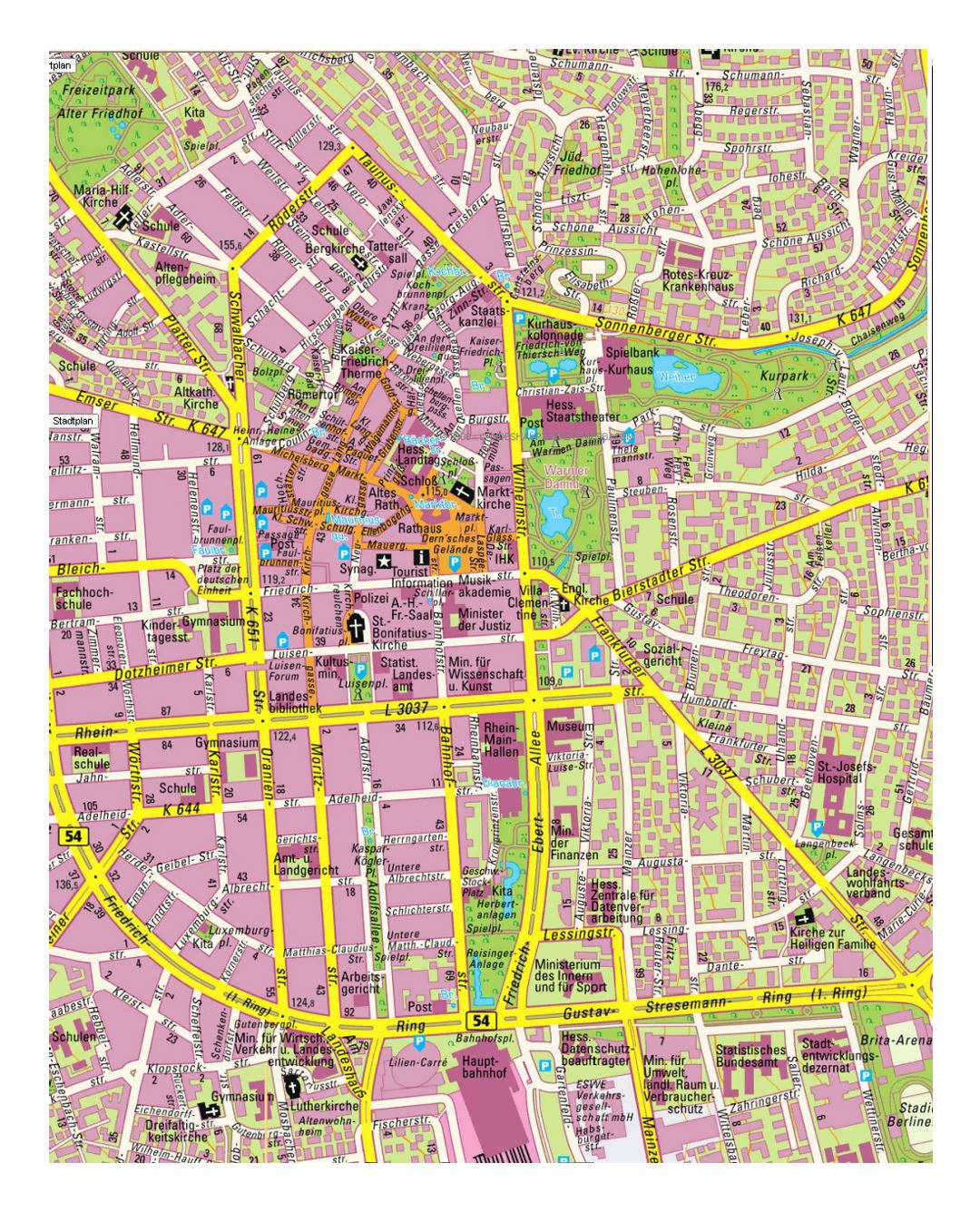 Mapa de calle detallada de la parte central de Wiesbaden