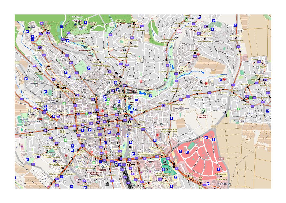 Mapa detallado de la ciudad de Wiesbaden con otras marcas