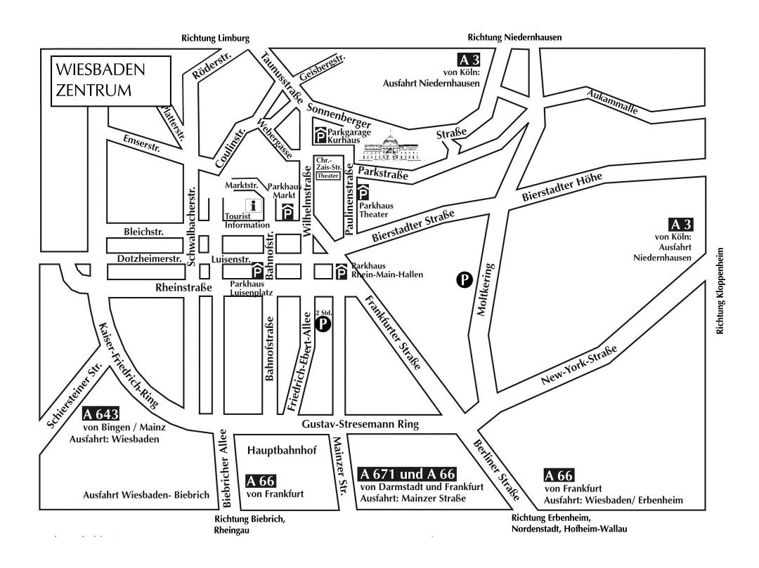 Mapa detallado de la parte central de la ciudad de Wiesbaden