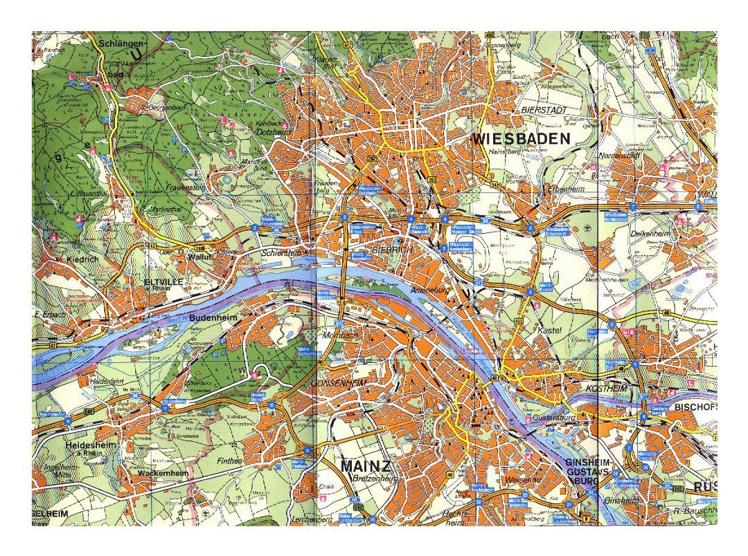 Mapa detallado del área de la ciudad de Wiesbaden