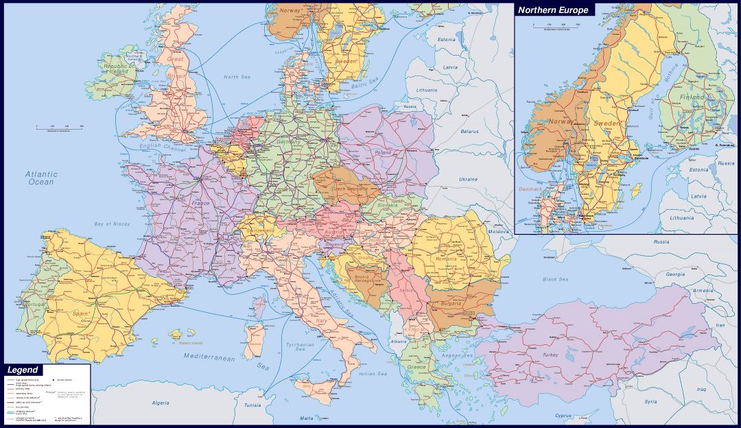 Ampliación de ferrocarriles detalladas mapa de Europa