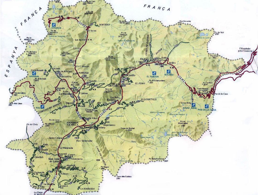 Hoja de ruta detallada de Andorra con alivio