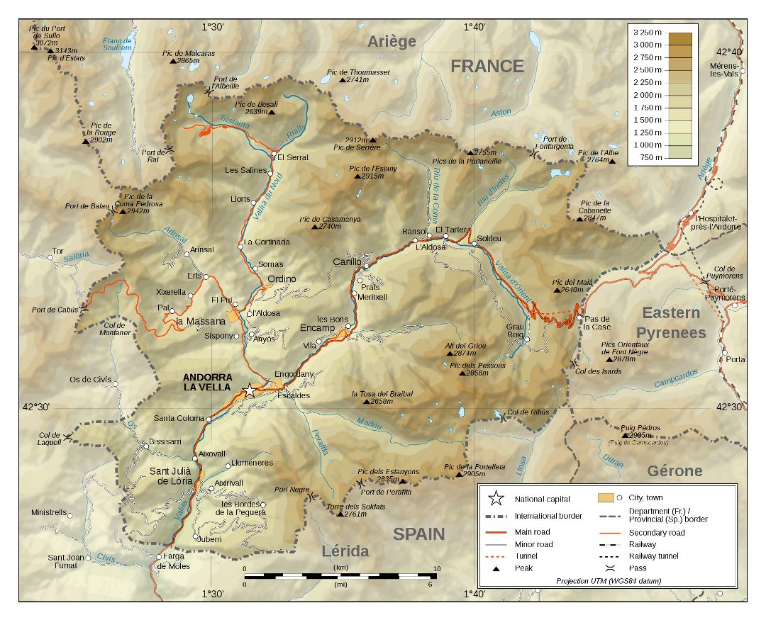 Mapa físico detallado grande de Andorra