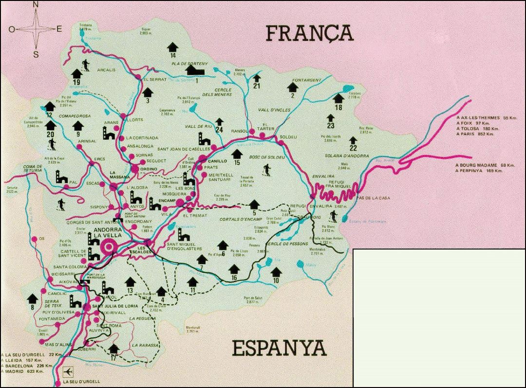 Mapa grande turística de Andorra con todas las ciudades y carreteras