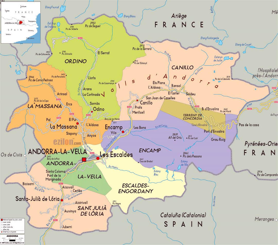 Mapa político y administrativo grande de Andorra con los caminos y ciudades