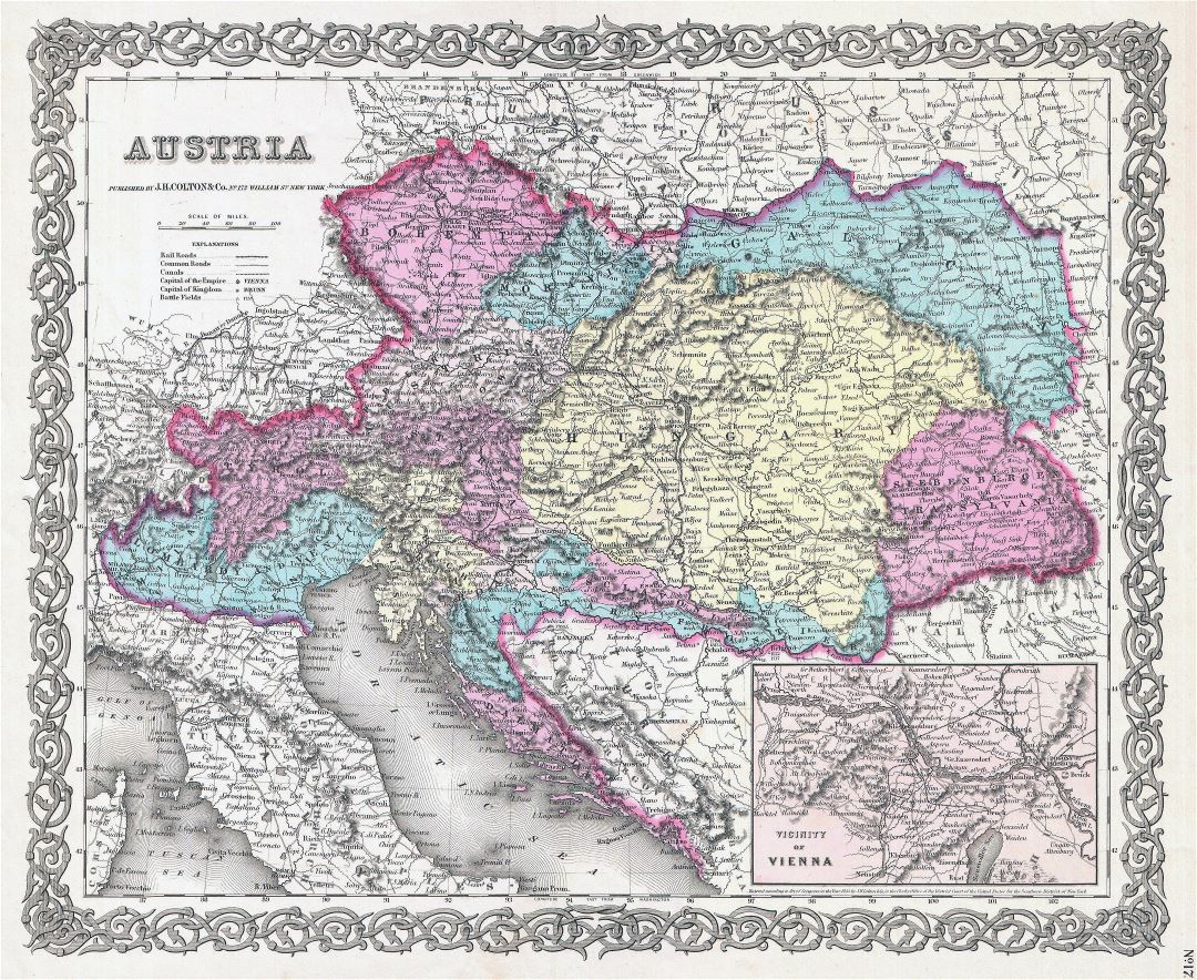 A gran escala de un mapa político y administrativo de edad de Austria con alivio - 1855