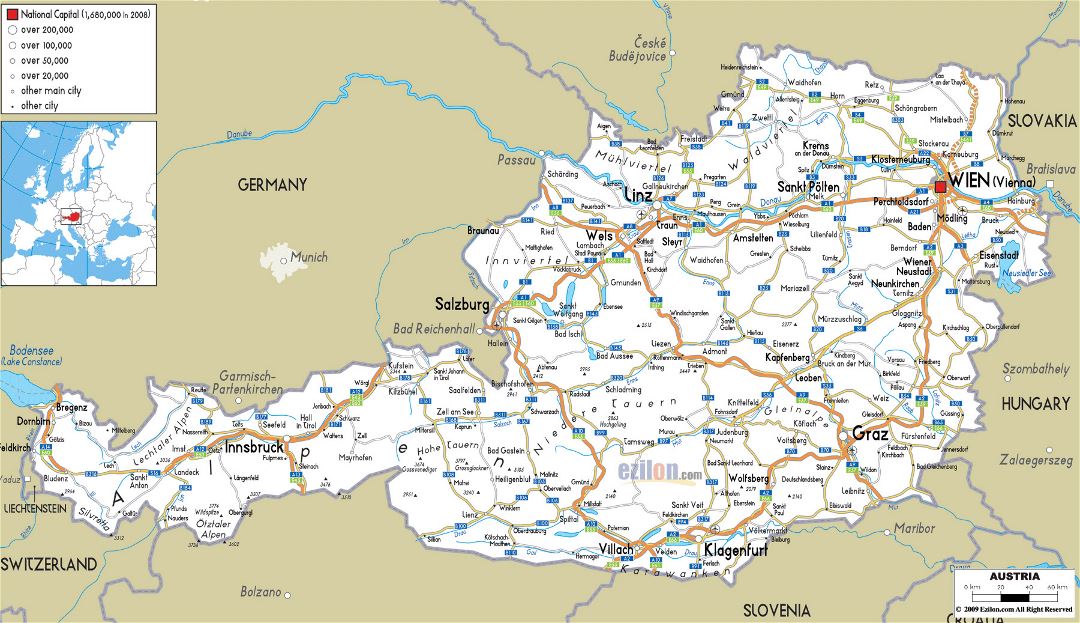 Gran hoja de ruta de Austria con las ciudades y aeropuertos