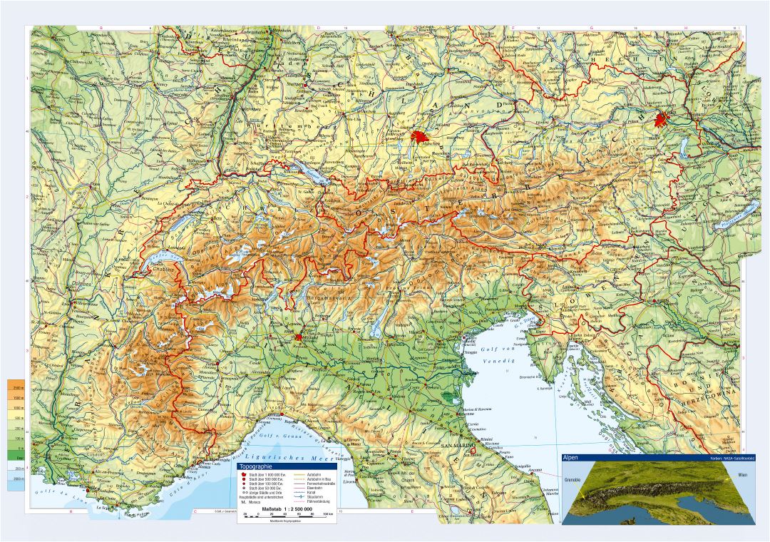 Gran mapa topográfico de Austria y los países vecinos con las ciudades y carreteras