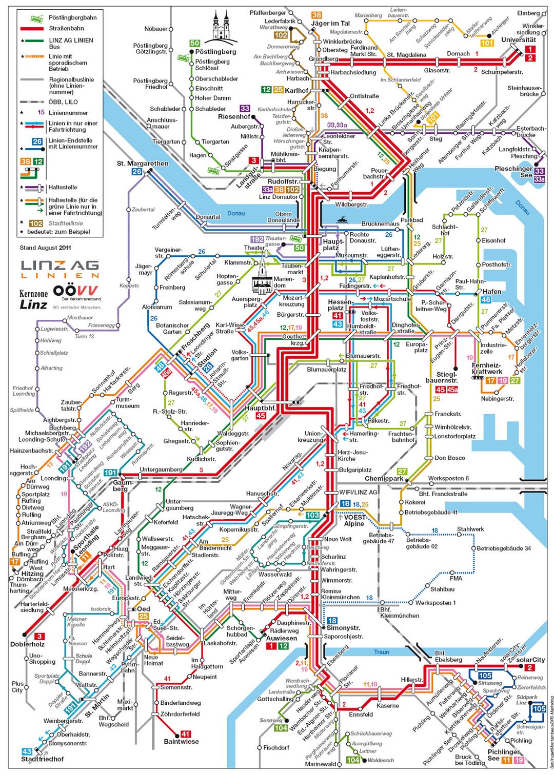 Detallado mapa de transporte público de la ciudad de Linz