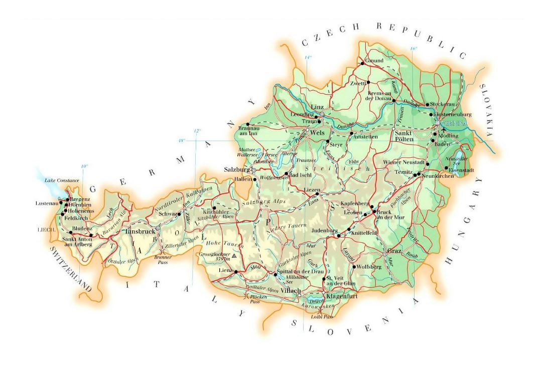 Mapa de elevación detallada de Austria con carreteras, ciudades y aeropuertos