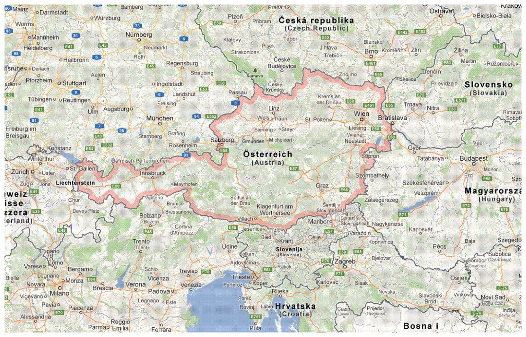 Mapa detallado de Austria y los países vecinos con fronteras