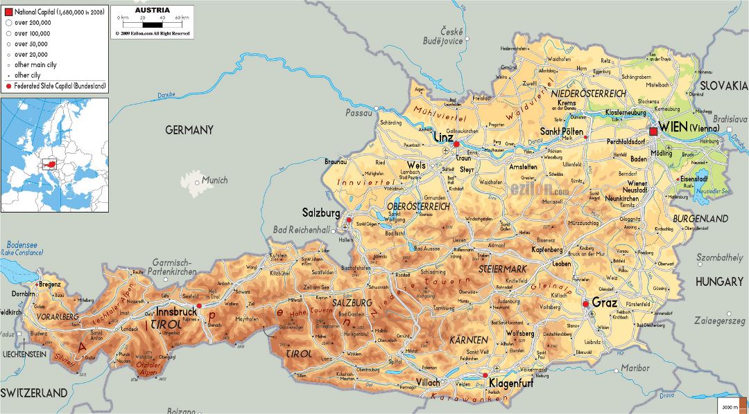 Mapa físico grande de Austria con carreteras, ciudades y aeropuertos