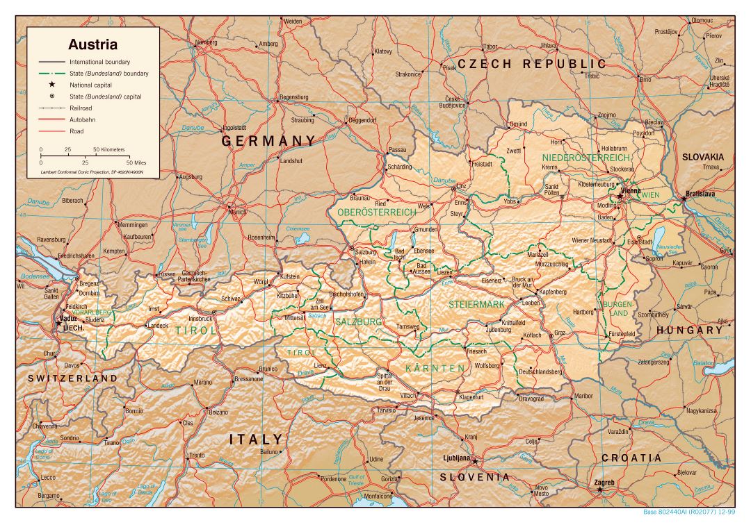 Mapa grande detallada política y administrativa de Austria con alivio - 1999