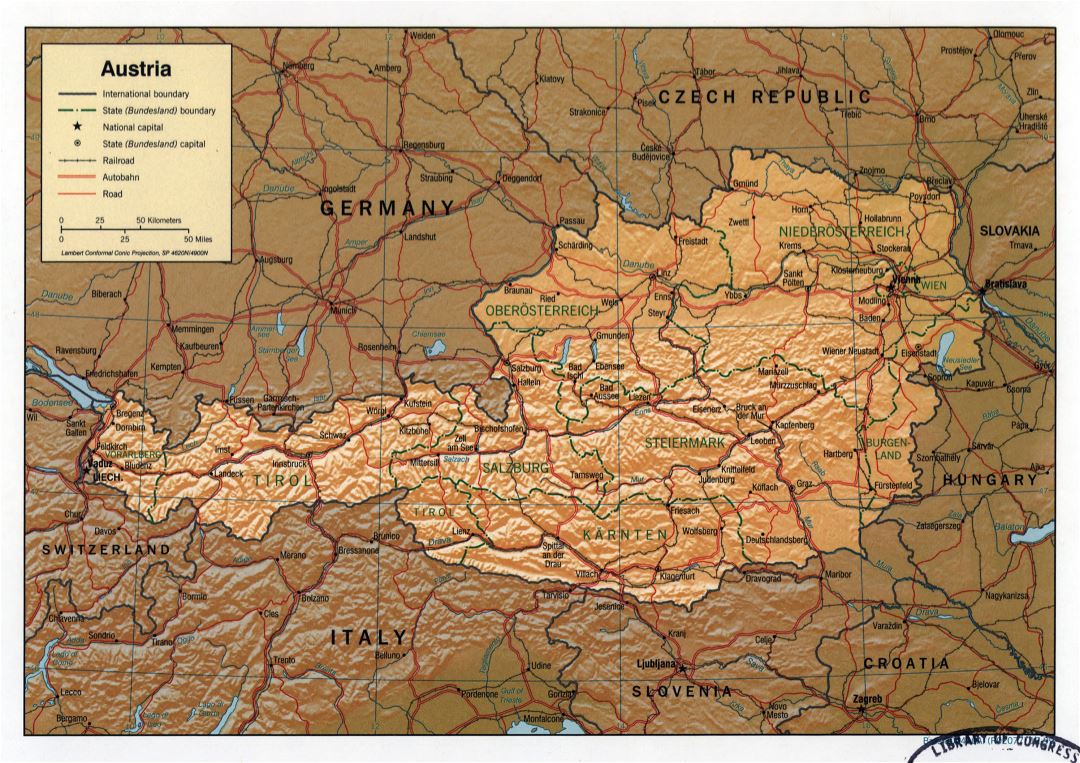 Mapa grande detallada política y administrativa de Austria con alivio, carreteras, vías férreas y las principales ciudades - 1999