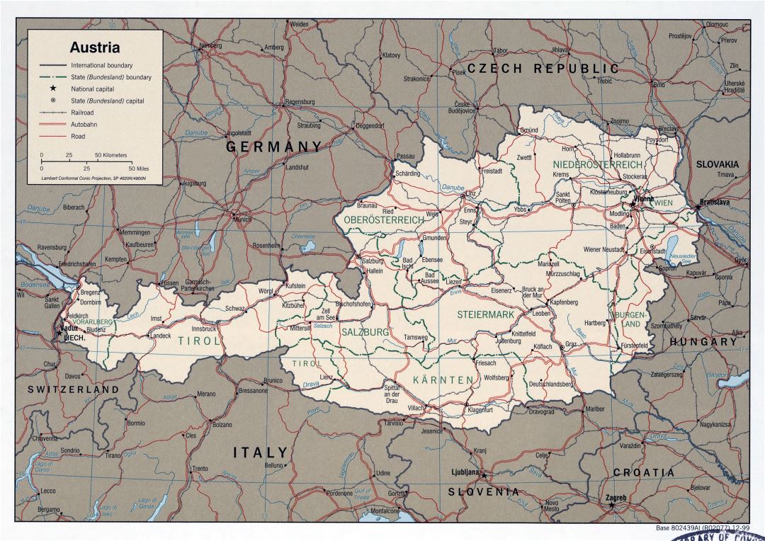 Mapa grande detallada política y administrativa de Austria con carreteras, ferrocarriles y las principales ciudades - 1999
