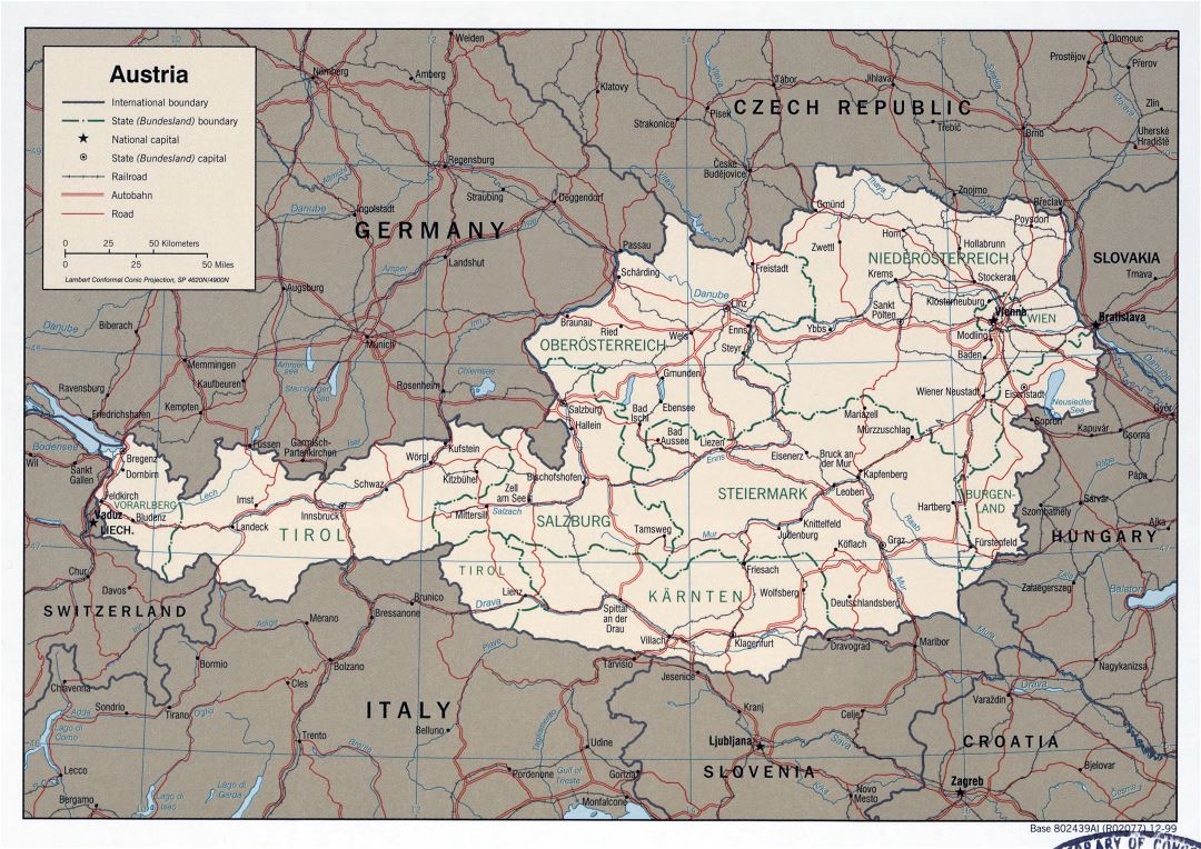 Mapa grande detallada política y administrativa de Austria con carreteras, ferrocarriles y las principales ciudades - 1999