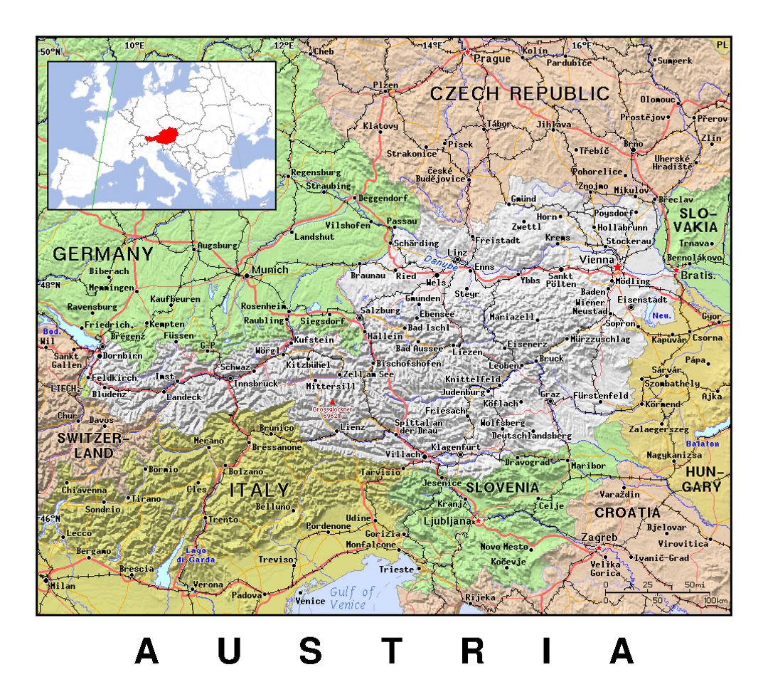 Mapa político detallada de Austria con alivio