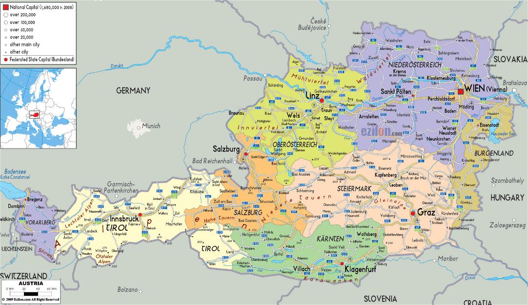 Mapa político y administrativo grande de Austria con carreteras, ciudades y aeropuertos